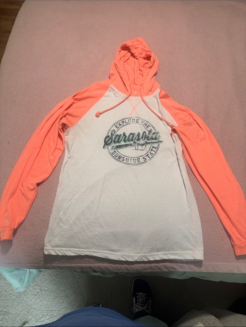 Salt Creek Large Lightweight Hooded Raglan Tee - Coral Sleeves, White Body